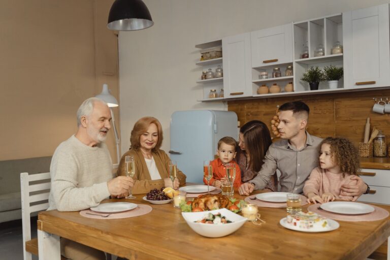 Three generations around the table for Sunday dinner